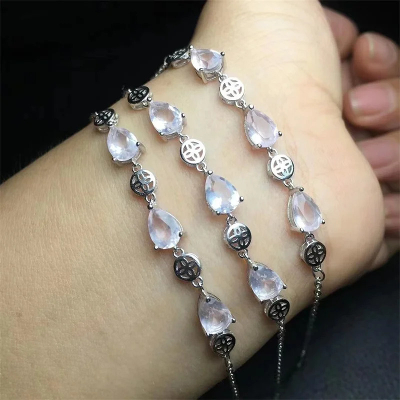 S925 Natural Rose Quartz Teardrop Bracelet Fashion Gemstone Crystal Jewelry Bangle For Women Healing Bohemia Holiday Gift 1pcs 250102