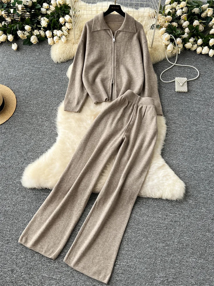 SINGREINY Knitting Two Piece Sets Women Polo Neck Zipper Cardigan SweaterLong Pants Autumn Winter Basics Casual 2pcs Suits 241230