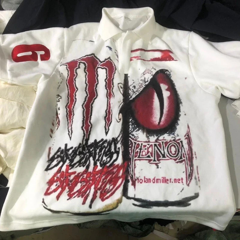 Y2K Punk Goth Style Fashion Personality Unique Polo Shirt Street Hip Hop Harajuku Men Short Sleeved Graffiti Summer Dress 250103