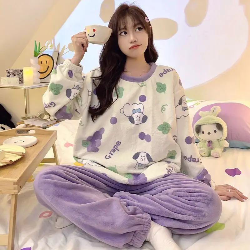 Keep Warm Womens Pajamas Set Femme Cartoon Print Top and Solid Pants Sleepwear Ladies Round Neck Long Sleeve 2 Pieces Homewear 250103