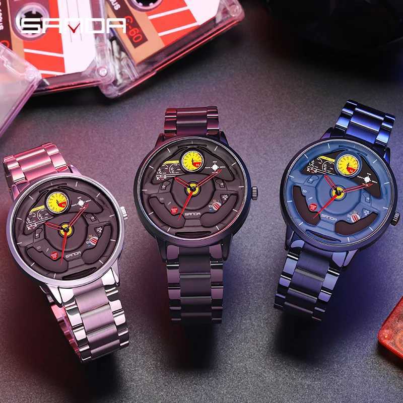 Fashion Sanda Top Brand Innovative Skeleton Mens Sports Car Steering Wheel Waterproof Stainless Steel Leather Quartz W250104