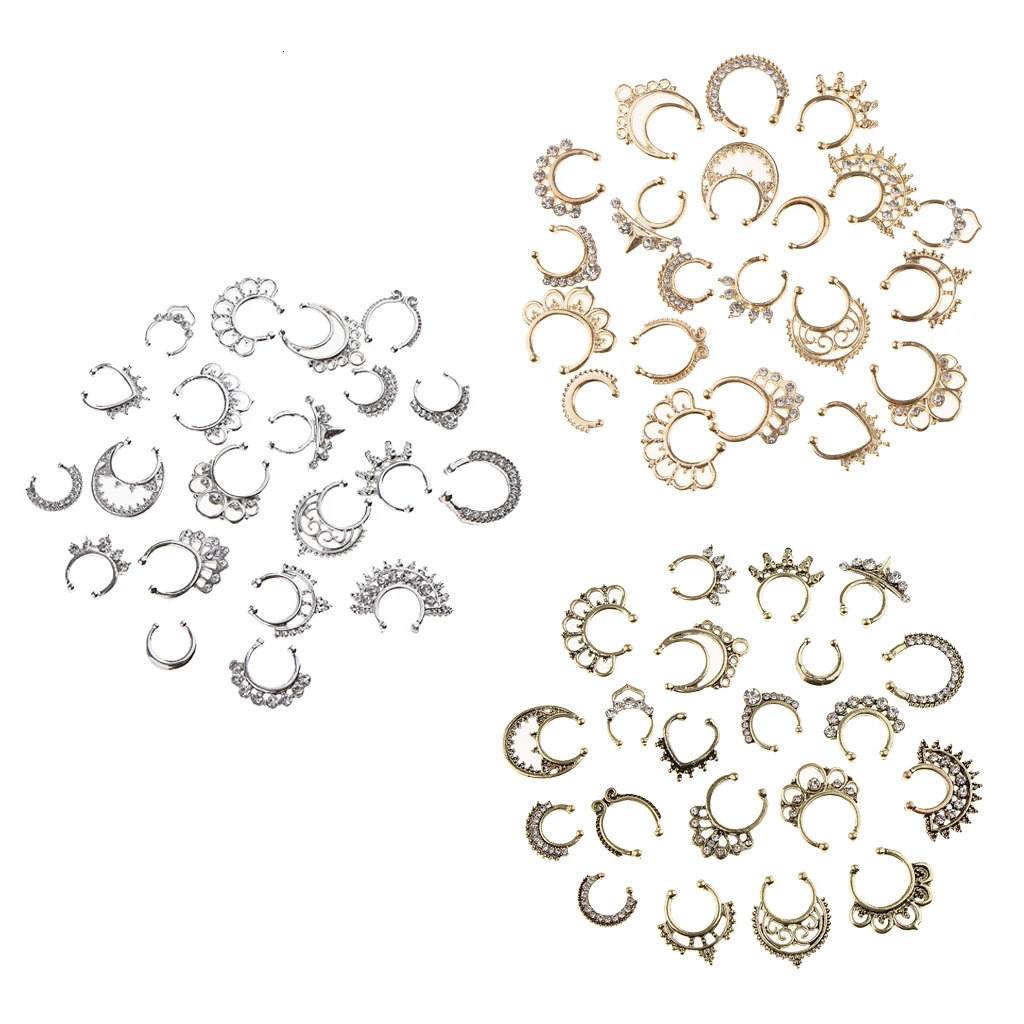 21pcs Nose Septum Ring Clip On Body Jewelry Faux Hoop Ring Rhinestone 250103