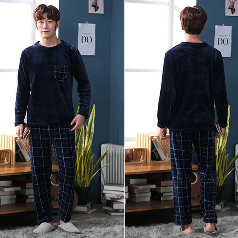 2pcsSet Fall And Winter Facecloth Mens Pajamas Padded Thickened Warm LongSleeved Teenagers Coral Fleece Homewear boy clothes 250103