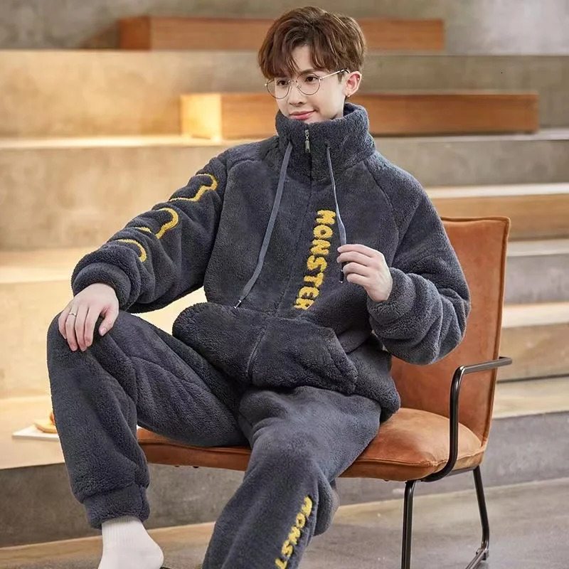 Male Zipper Pajamas Sets Winter Coral Fleece Warm Thickened Sleepwear MenThermal Flannel Pyjamas Turtleneck Lounge 250103