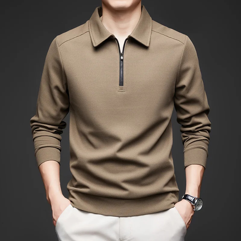 Spring and Autumn Half Zipper Polo Shirt Long Sleeve Mens Casual Fashion Solid Color Full Match Simple Trend Fashion Top 241230