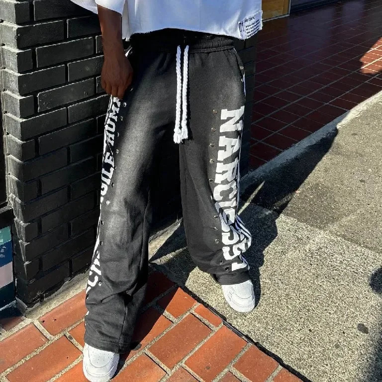 Vintage patch sports pants Y2K mens hip-hop letter glitter rhinestone stripe pocket elastic waist jogging casual Trouser 250103