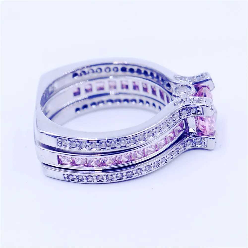 Luxury Pink High Caon Diamond Ring Set 925 Sterling Silver Wedding Band Rings for Women Men Promise Party Jewelry GiftXJ250104