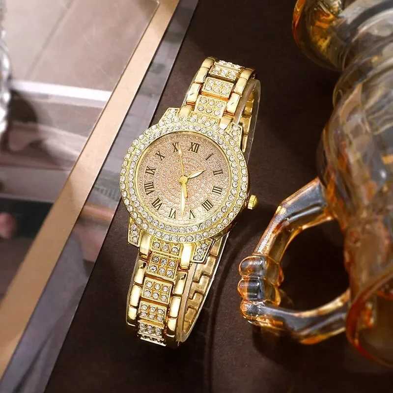 Golden womens ring necklace earrings rhinestone fashion watch womens casual womens bracelet set clock W250104