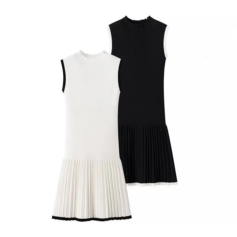 European and American style fashion contrast color round neck sleeveless knitted dress female temperament slim pleated short 250102