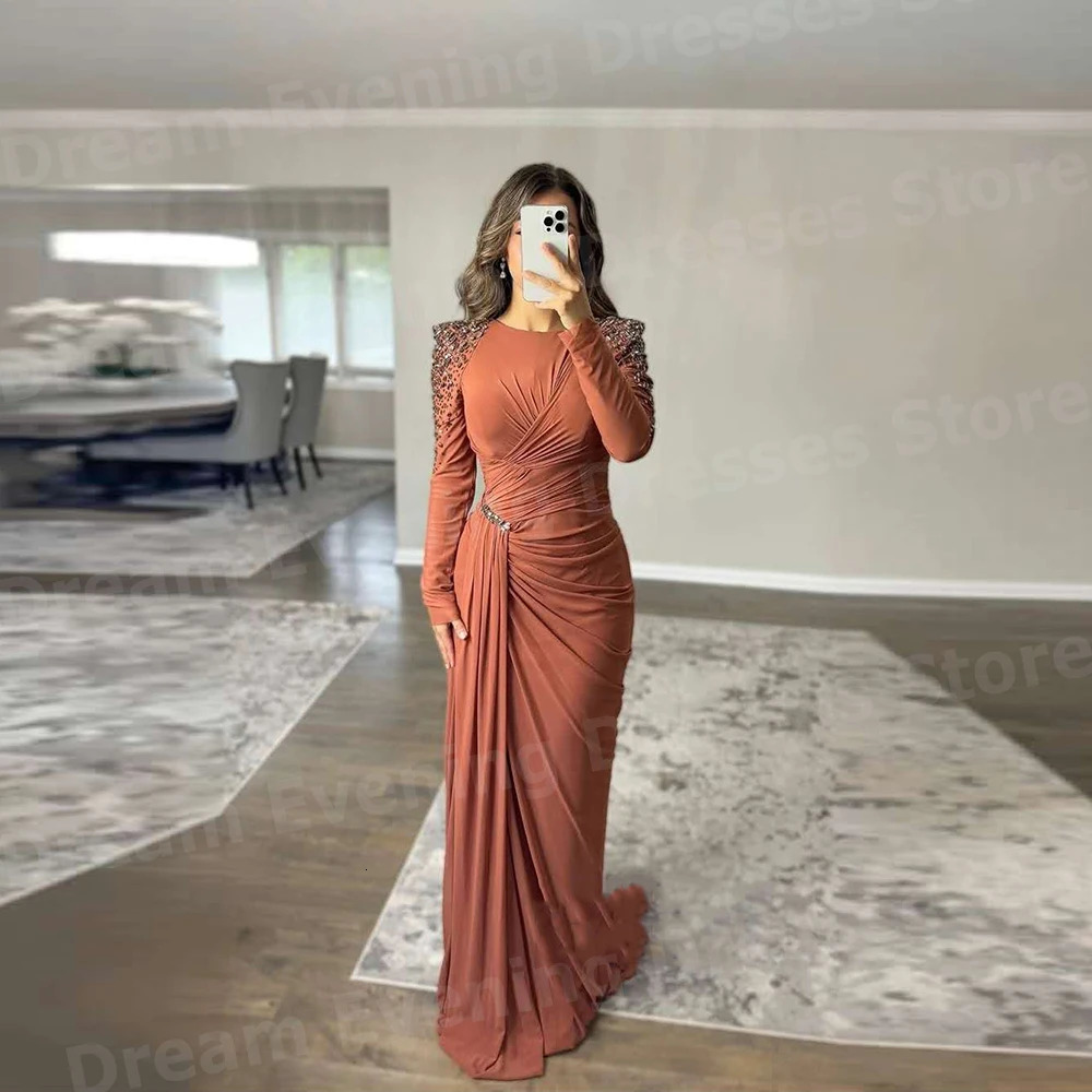 Simple Mermaid Womens Evening Dress Customized Bead O-Collar Folded Ball Dress Long Sleeve Formal Party Vest Para Mujer 250103
