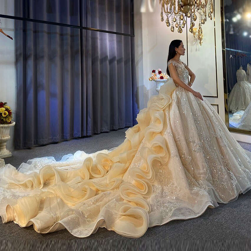 Sparkg Crystal Beaded Dresses With Long uncing Train Ball Church Bridal Wedding Party Gown