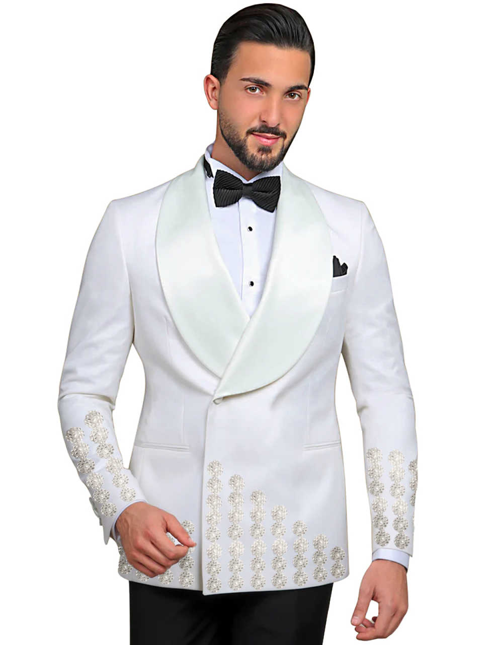 Customize Slim Fit Groom Tuxedos Designer New Fashion Two-Pieces Mens Suit Beaded One Button Customized Shawl Lapel Pockets Bridegroom Tailor Made Coa