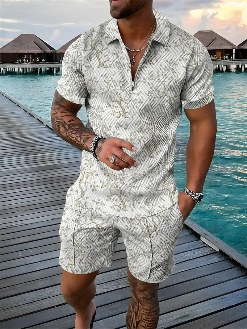 Men Tracksuit 2 pcs sets Floral Print 3D Zipper Lapel Polo Short Sleeve T Shirt and Shorts Casual Zip-Up Polo Shirt Man er 250102