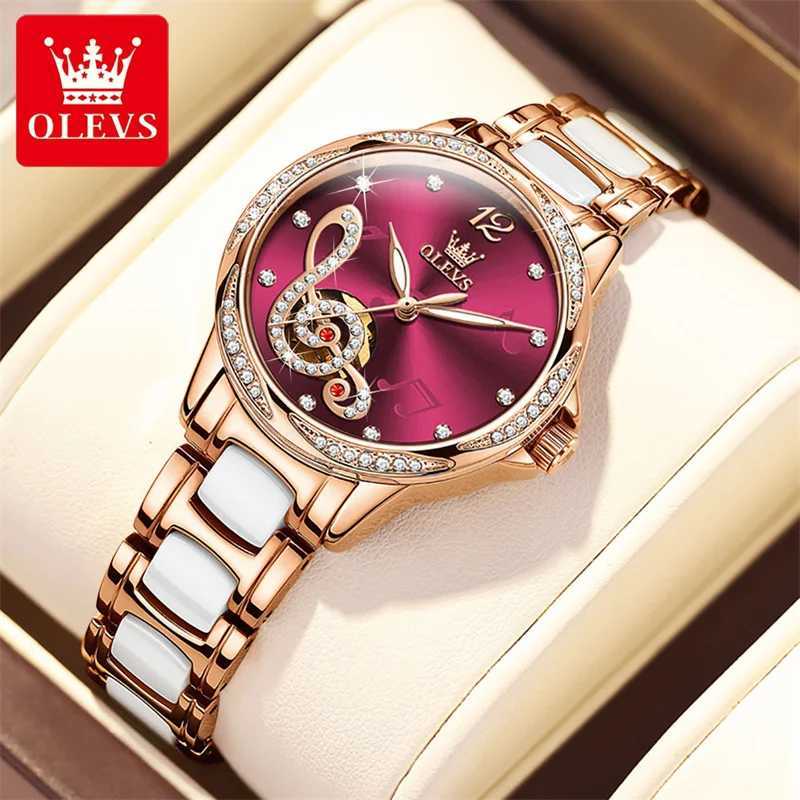 OLEVS Music Note Ceramic Diamond Womens Luxury Brand Womens Automatic Mechanical Womens Relogio Womens Gifts New W250104