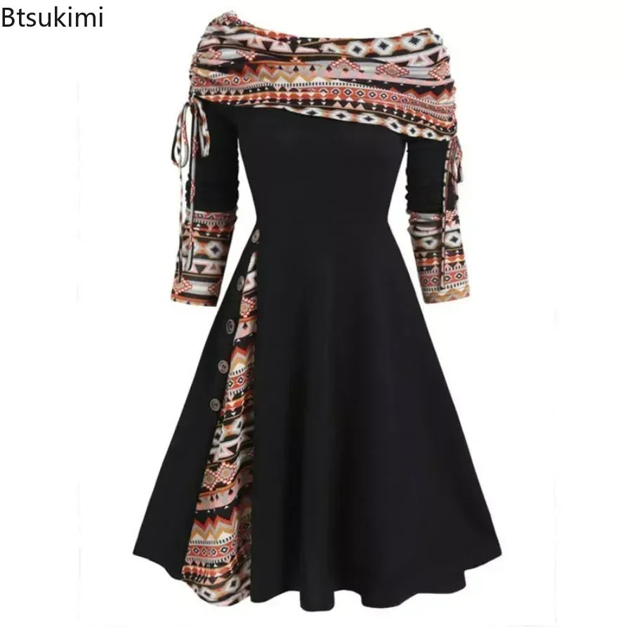 2025 Womens Casual Long Dress A Sholuder Punk Style Elegant Autumn High Waist Gothic Long Dress Womens Tank Top 250103