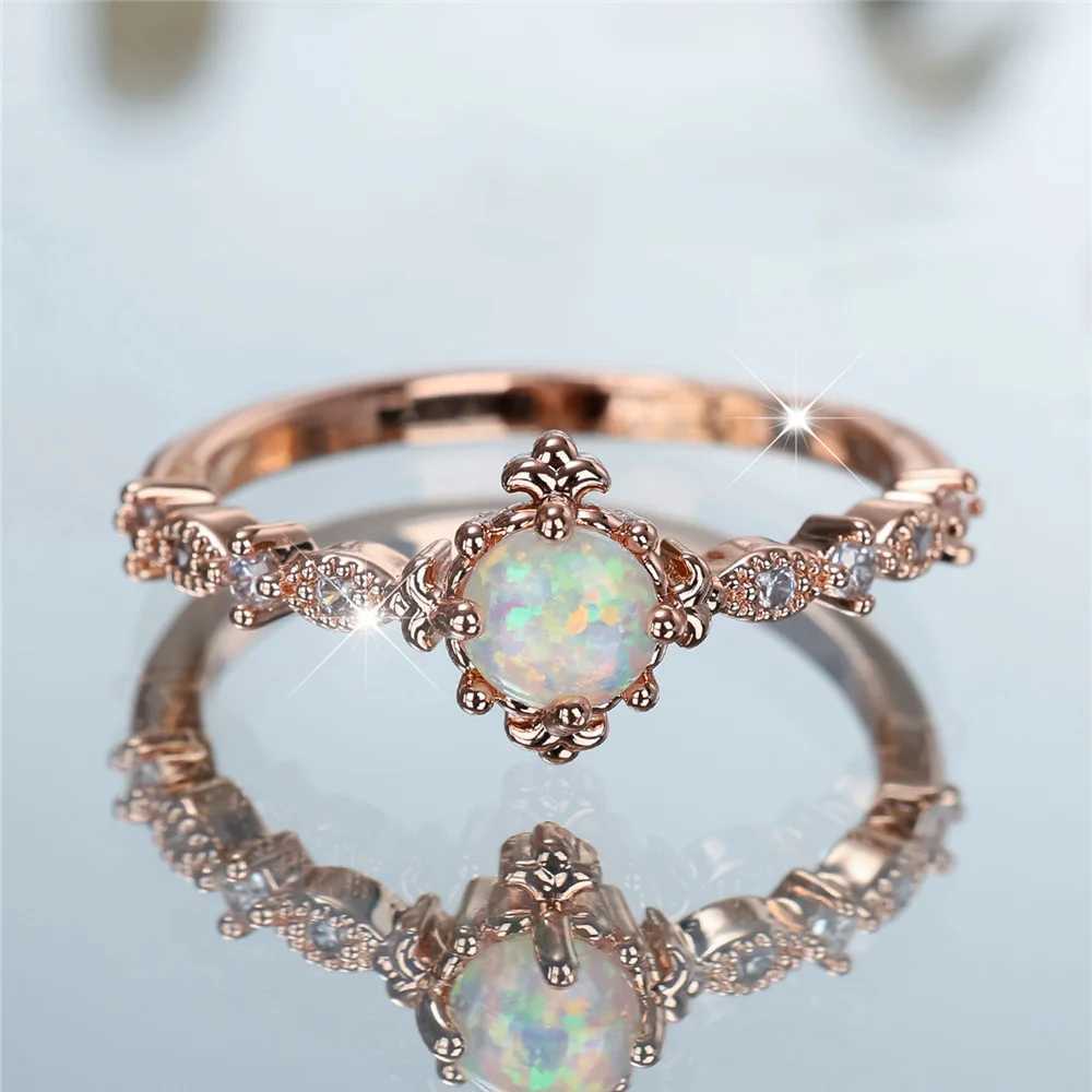 Charm Female Opal Stone Round Ring Rose Gold Color Cute Gift Wedding Jewelry For WomenXJ250104
