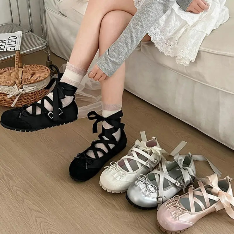 2024 Spring Mary Jane Cross Strap Flats Shoes Women Fashion Elegant Round Toe Ladies Comfort Soft Sole Ballerinas Shoes 250103