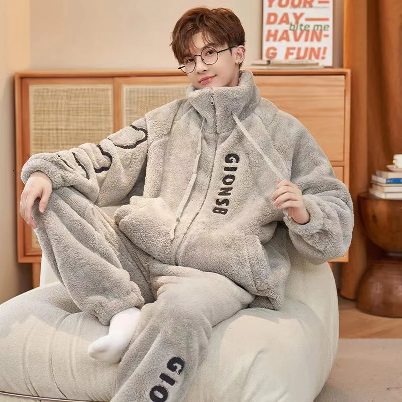 Male Zipper Pajamas Sets Winter Coral Fleece Warm Thickened Sleepwear MenThermal Flannel Pyjamas Turtleneck Lounge 250103