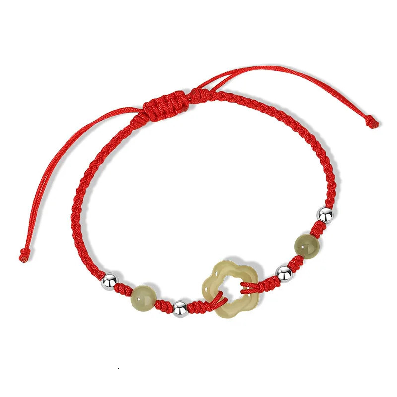 Peach Sterling Silver Hetian Jade Hand Rope Womens China Fashion Flower Bracelet 250102