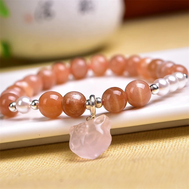 8MM Natural Sunstone Rose Quartz Cat Bracelet For Women Men Love Gift Crystal Beads Strands Jewelry Gift 1PCS 250102