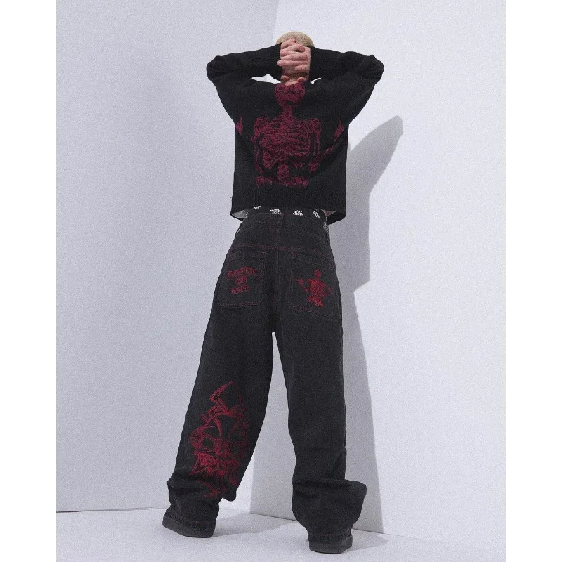 Y2K Jeans for Men Hip Hop Vintage Skull Embroidery Baggy Jeans Straight Casual Loose Wide Leg Trousers Streetwear Man Pants 241230