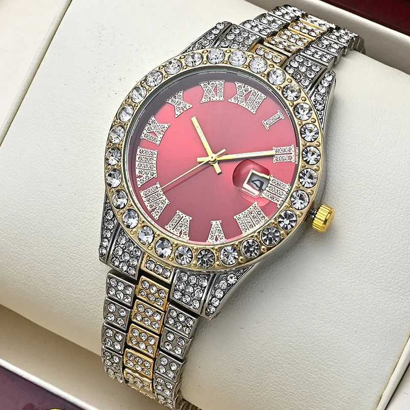 2 pieces+Bracelet Hip Hop Stain Steel Gold Calendar suitable for mens d out Rhine stone mens Reloj Hombre W250104