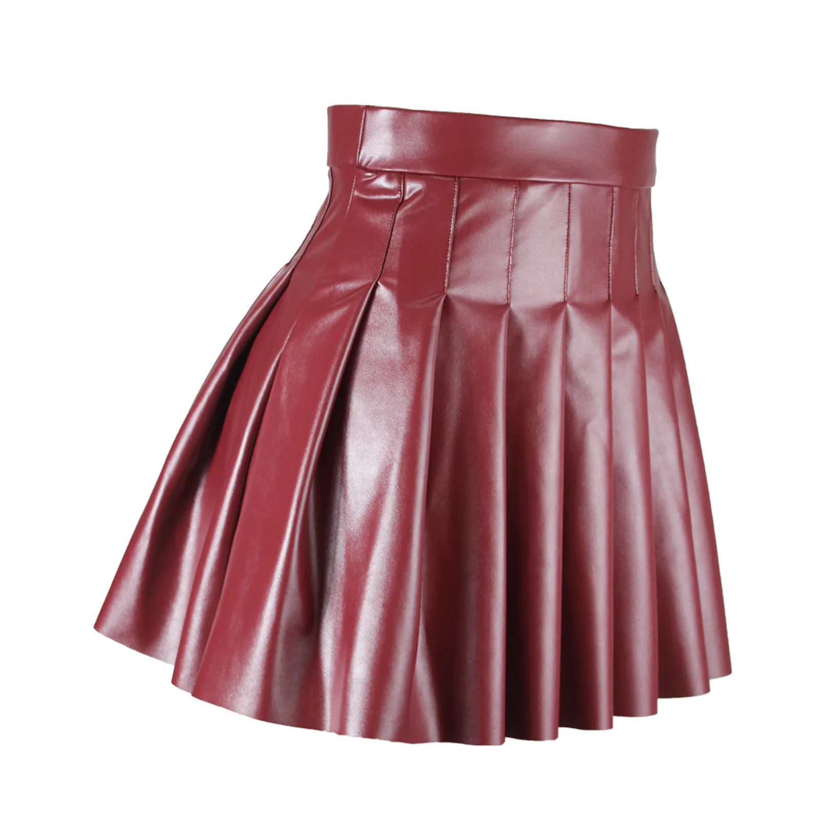 Women High Waist A-line Pleated Skirt y2k E Punk Gothic Black Latex Side Invisible Zip Flared Mini Skirts Chic Club Wear 241224