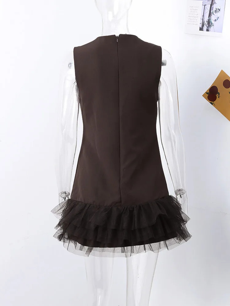 Elegant patch work lace dress womens O-neck sleeveless slim fit hip bag mini dress womens 2025 early spring fashion womens robe 250103