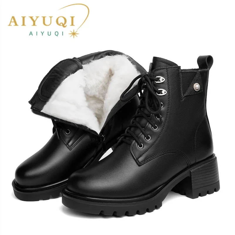 AIYUQI Ankle Boots Women Winter Genuine Leather Natural Wool Warm Mom Boots Non-slip Large Size Women Snow Boots