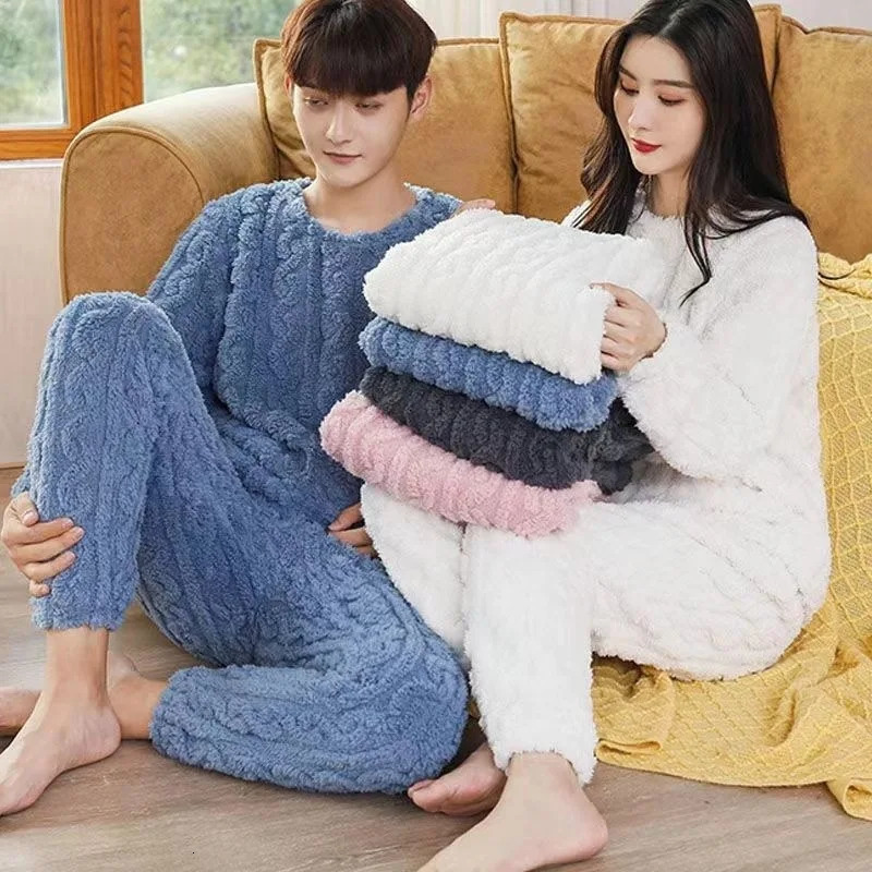 Winter Couples Pajamas Homewear Suit Men and Women Shu Cotton Fall Coral Velvet Thickened Warm 250103