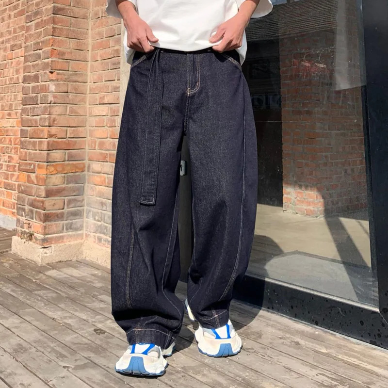 Men Belt Streetwear Fashion Loose Casual Wide Leg Cargo Denim Jeans Pant City Plus Size Baggy Jeans Trousers 241230