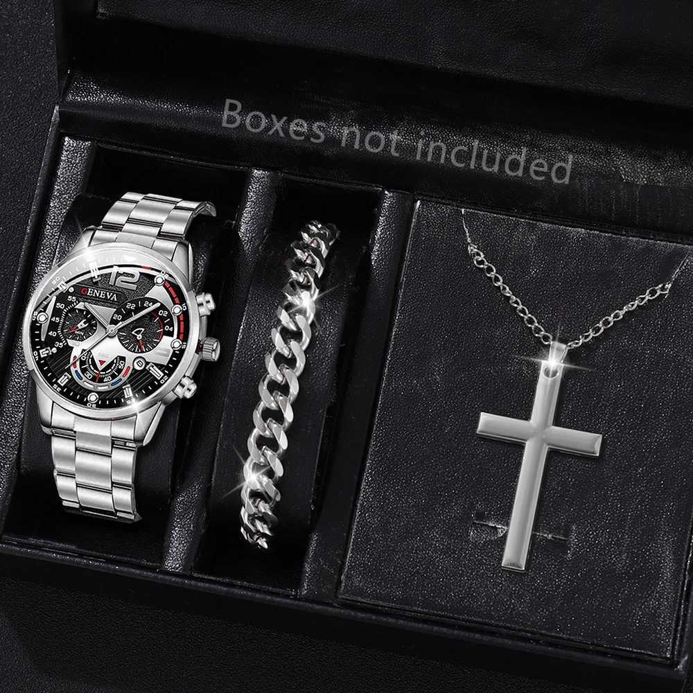 3-Piece/Set Mens Calendar Quartz Busin Fashion Alloy Set Necklace and Bracelet Set Ideal for Gifts W250104