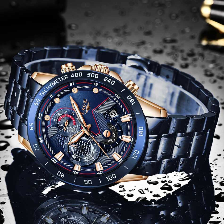LIGE Mens Top Luxury Stainless Steel Blue Waterproof Quartz Mens Fashion Timing Mens Sports Military W250104