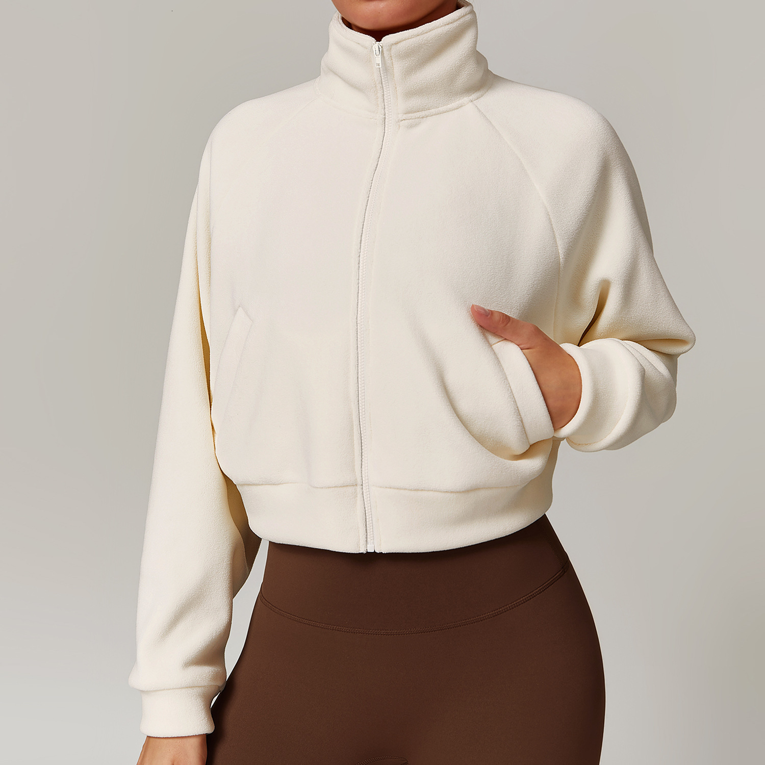 Winter Aoli Women Fashion Stand Collar Zipper Pocket Long Sleeve Warm Veet Streetwear Female Gym Casual Coat