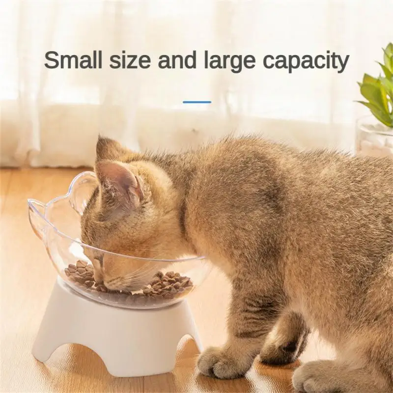 141065 Cat Raised Stand Feeding Bowl Transparent Plastic Pet Food Water Feeder Bowl 15 Degree Tilted Design Neck Guard for Cats Dogs