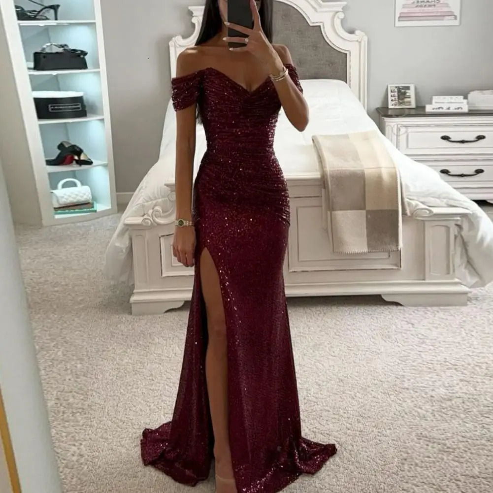 Women V-Neck Off Shoulder Maxi Dress Sequin Pleated Short Sleeve Waist Tight Evening Party Prom Dress Slim Sexy Split Long Dress 250103