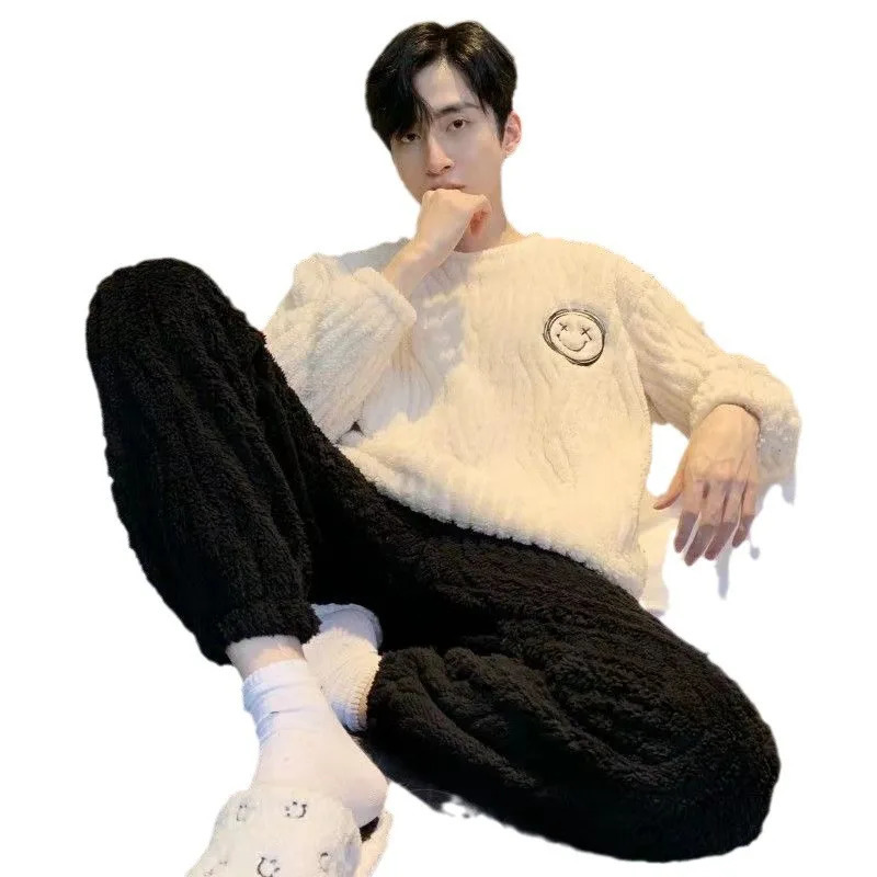 Thickened Warm Flannel Men Pajamas Round Neck Autumn and Winter Young Large Size Homewear Solid Striped Sleepwear Loungewear 250103