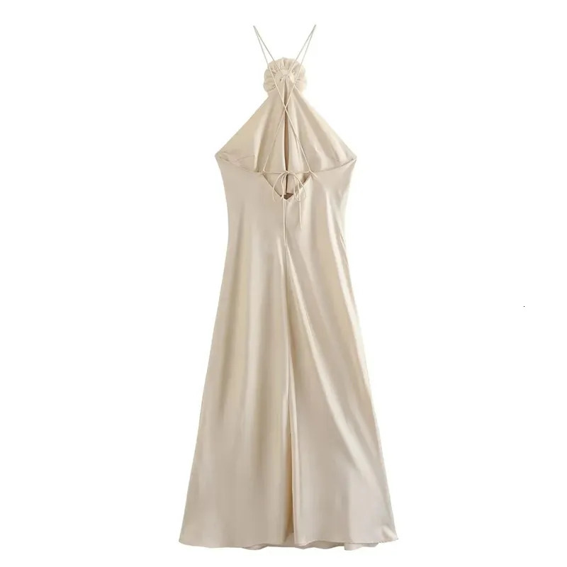 TRAF Flower Satin Long Dress Women Off Shoulder Halter Backless Dress Woman Summer Elegant Party Dresses Sexy Evening Dresses250103