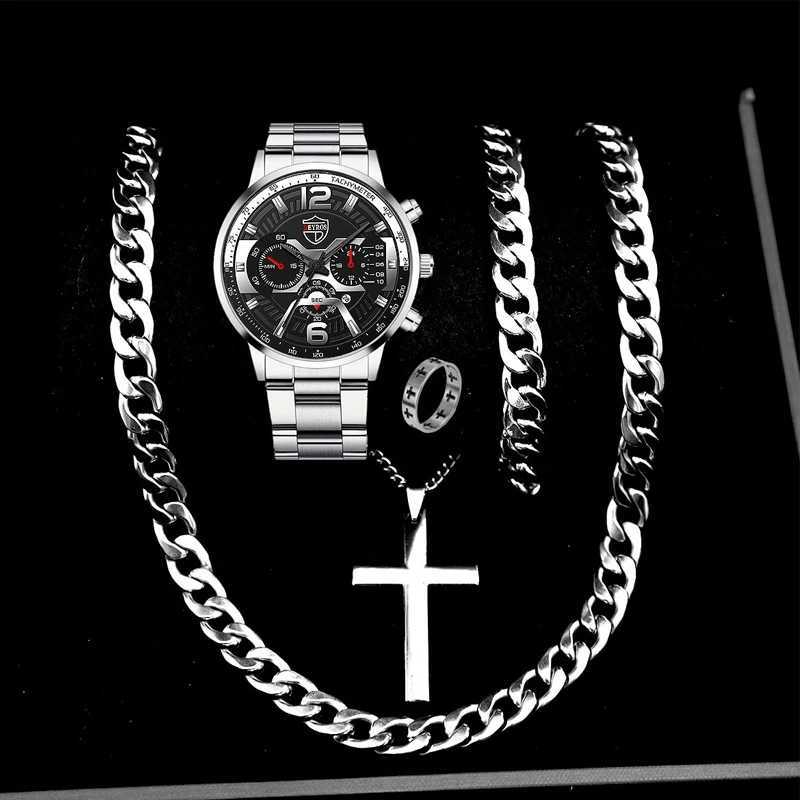 5-piece DEYROS Fashion Mens Calendar Mens Busin Stainless Steel Quartz Wrist Mens Casual Necklace Bracelet W250104