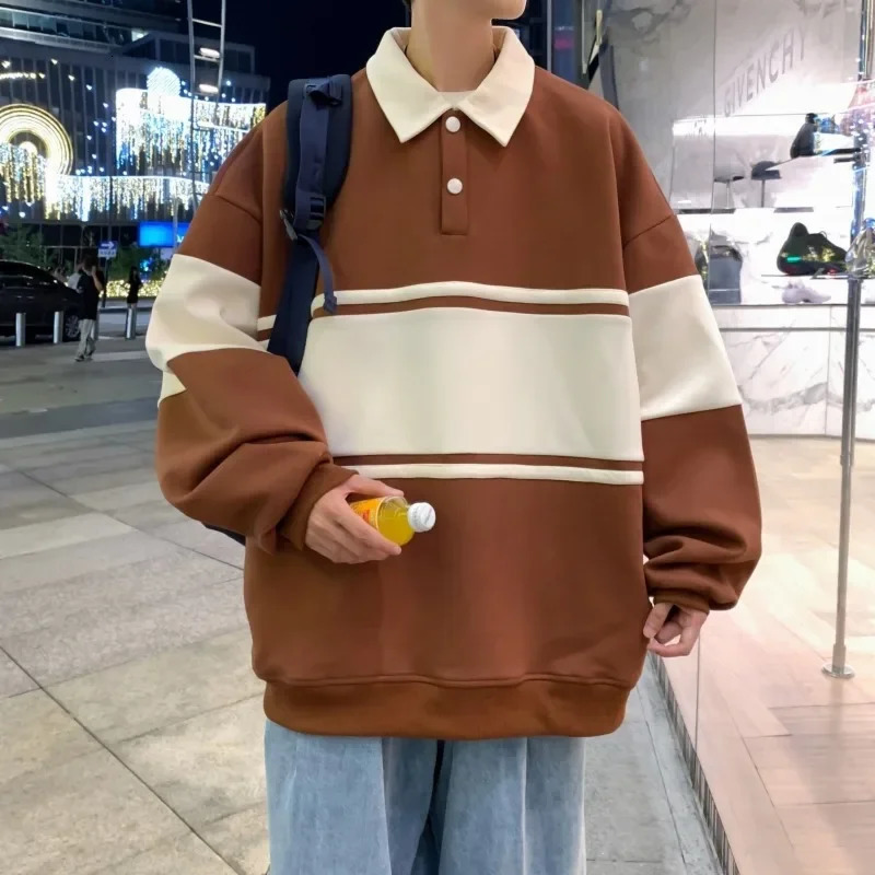 Mens spring/summer polo shirt long sleeved sweatshirt loose fit trendy splicing bottom layer autumn style trendy 241230