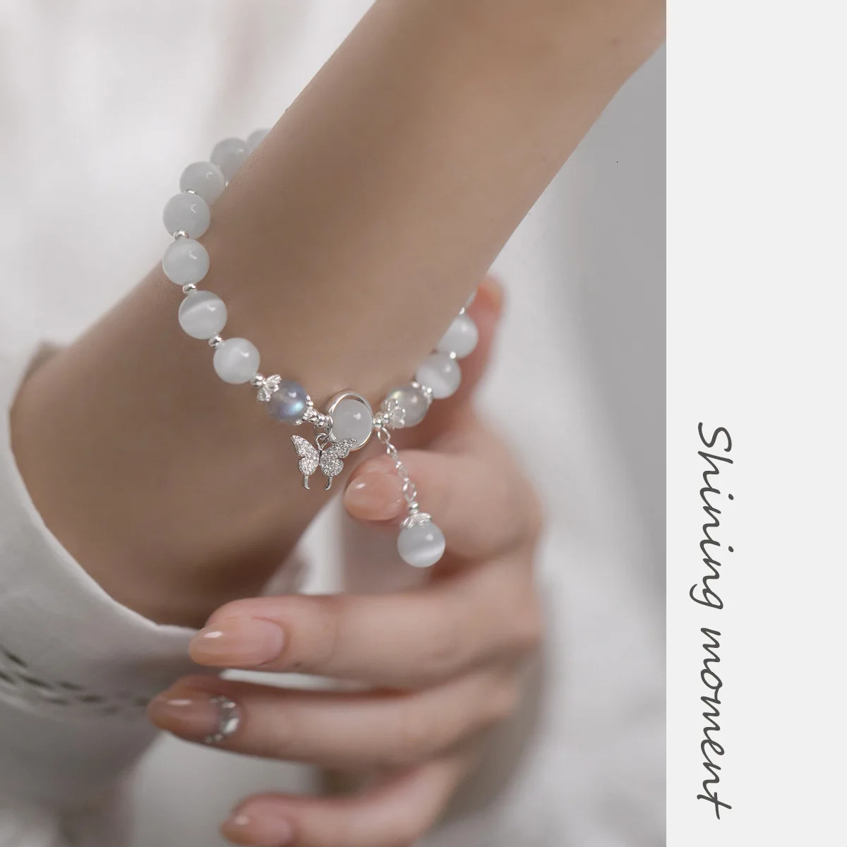 1 piece/batch S925 silver zircon butterfly with 8mm cat eye stone womens bracelet 14-23cm elastic rope beautiful opal jewelry wristband 250102