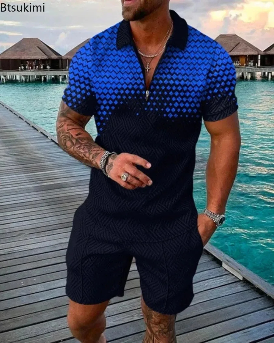 2024 Trend Men Streetwear Fashion Half Zip Polo Shirtsshorts 2 PCS Sets Mens 3D Digital Print Casual Suit Male Tracksuits 250102
