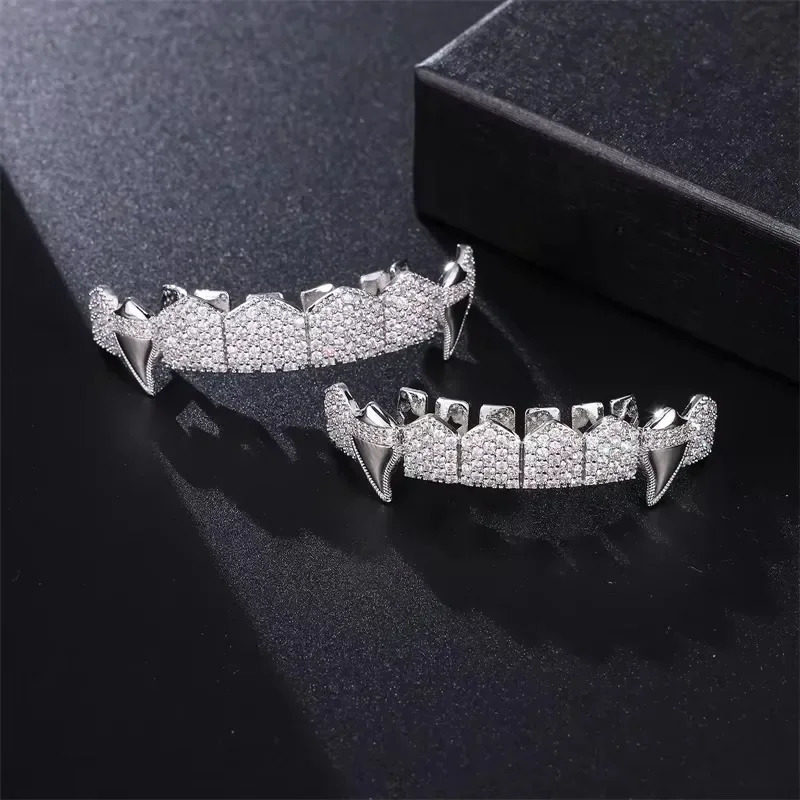 Hip Hop Full CZ Stones Teeth Caps Cubic Zircon Iced Out Micro Pave Top Bottom Charm Grills For Men Women 250103