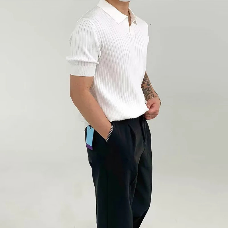 Fashion knitted solid color mens polo shirt ultra-thin short sleeved lapel ribbon polo T-shirt summer mens clothing casual top 241230