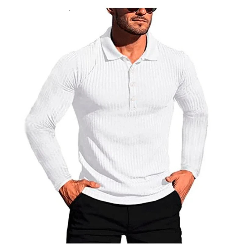 Mens Running Polo Shirt Summer Retro High Street High Elasticity Tees Vertical Stripe Long Sleeve Ultra Thin Knitted Top 250103