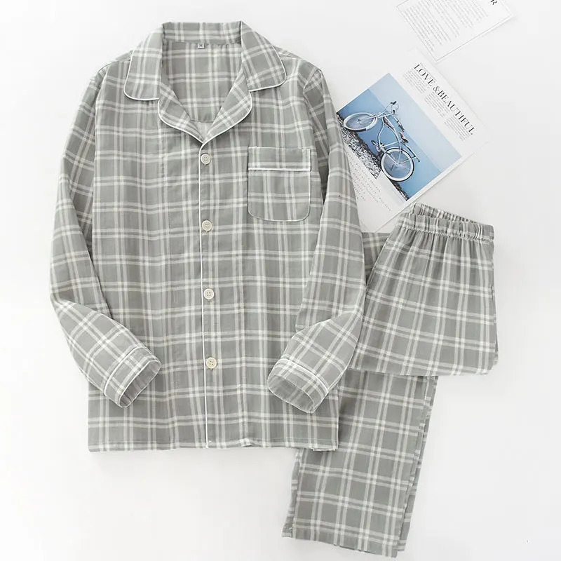Spring and autumn mens pajamas longsleeved trousers cotton double gauze lattice large size suit home service 250103