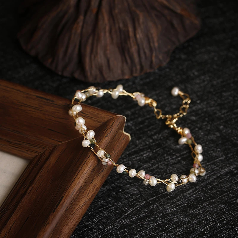 Original handmade 14K gold filled natural freshwater pearl tourmaline womens bracelet jewelry womens birthday gift 250102