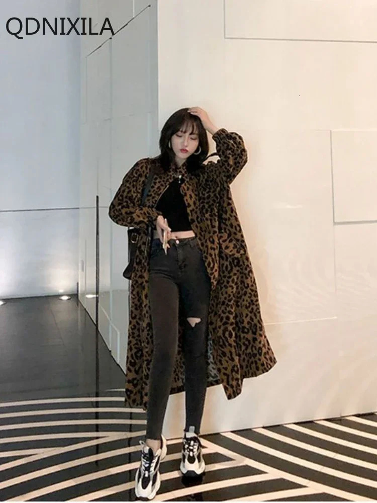 Leopard Print Trench Coat for Women Loose Tooling Jacket Medium and Long Korean Version Outerwears 2024 Autumn 241224