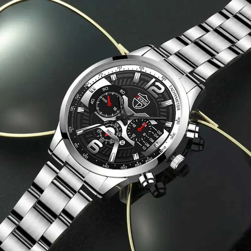 5-piece DEYROS Fashion Mens Calendar Mens Busin Stainless Steel Quartz Wrist Mens Casual Necklace Bracelet W250104