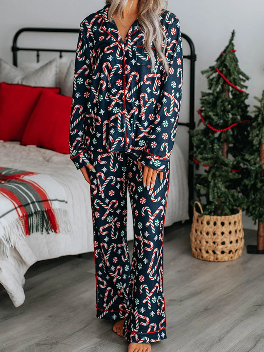 Women s 2 Piece Lounge Set Long Sleeve Reindeer Christmas Tree Print Shirt Flared Pants Pajama Sets for Sleepwear 250103